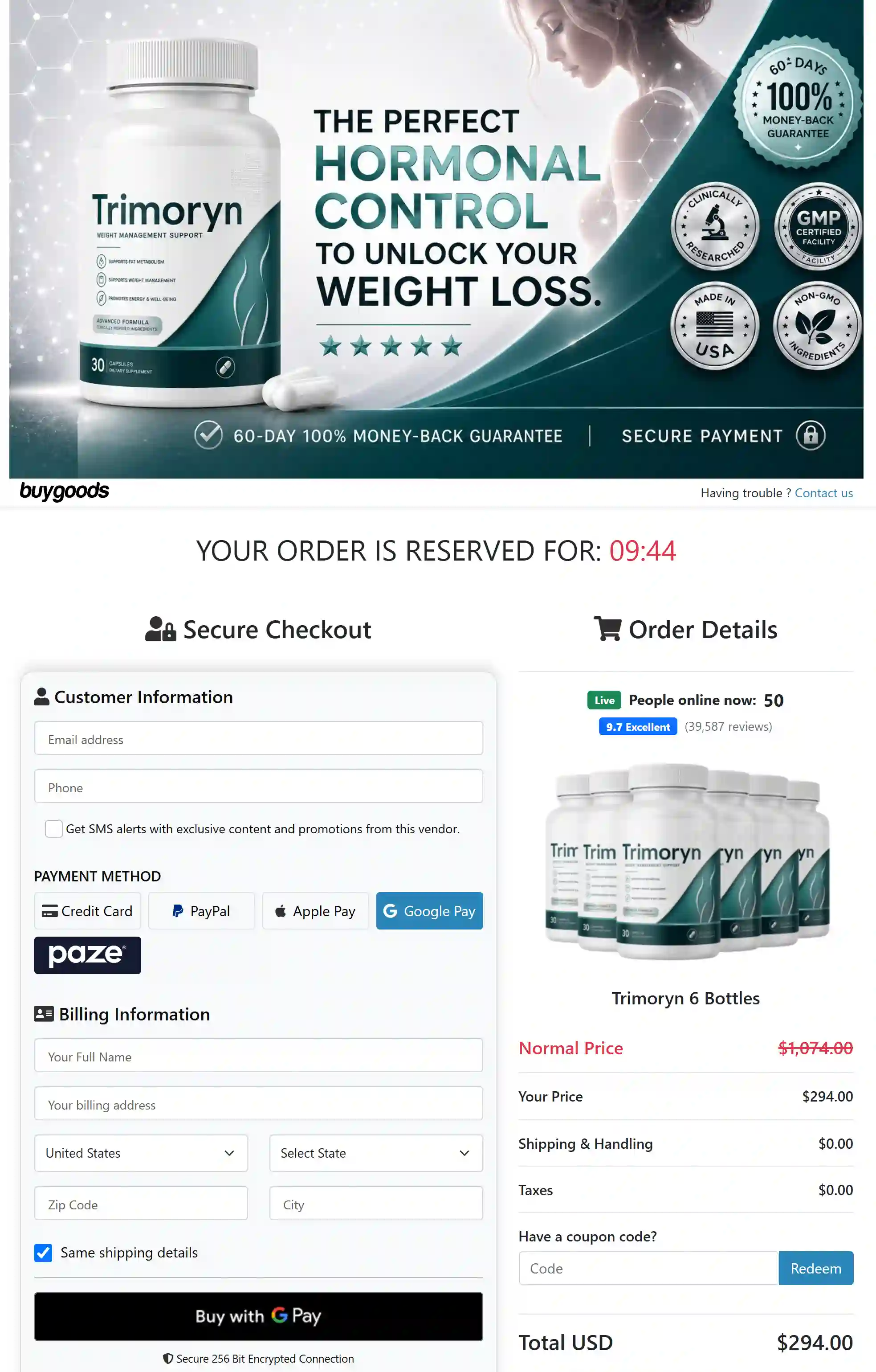 Trimoryn Checkout Page